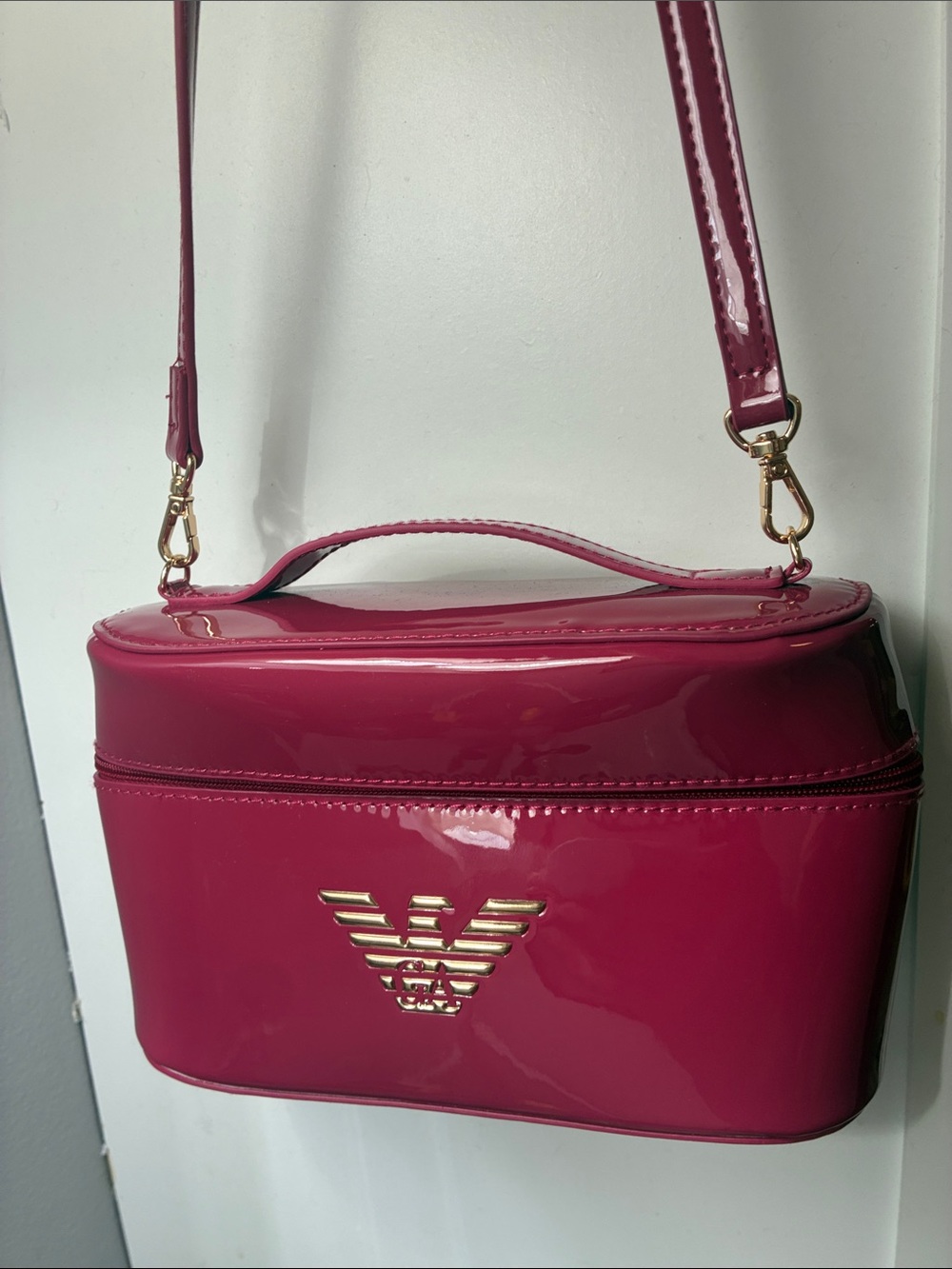 Emporio Armani Patent Pink Shoulder Cosmetic Case with Gold Logo